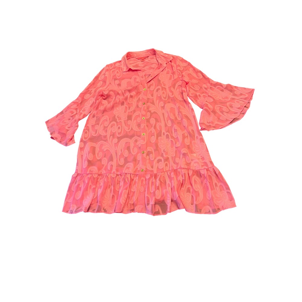 Lilly Pulitzer Tunic Pink Burnout Jacquard Bell Sleeve Ruffle Hem Top XS